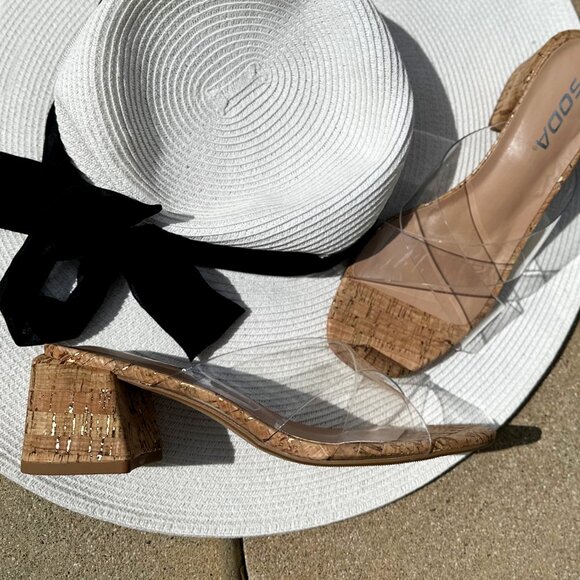 NEW🔥 Transparent Clear Open Toe Cork Low Block Heel Mules Sandals Slip Slide On - Picture 3 of 4